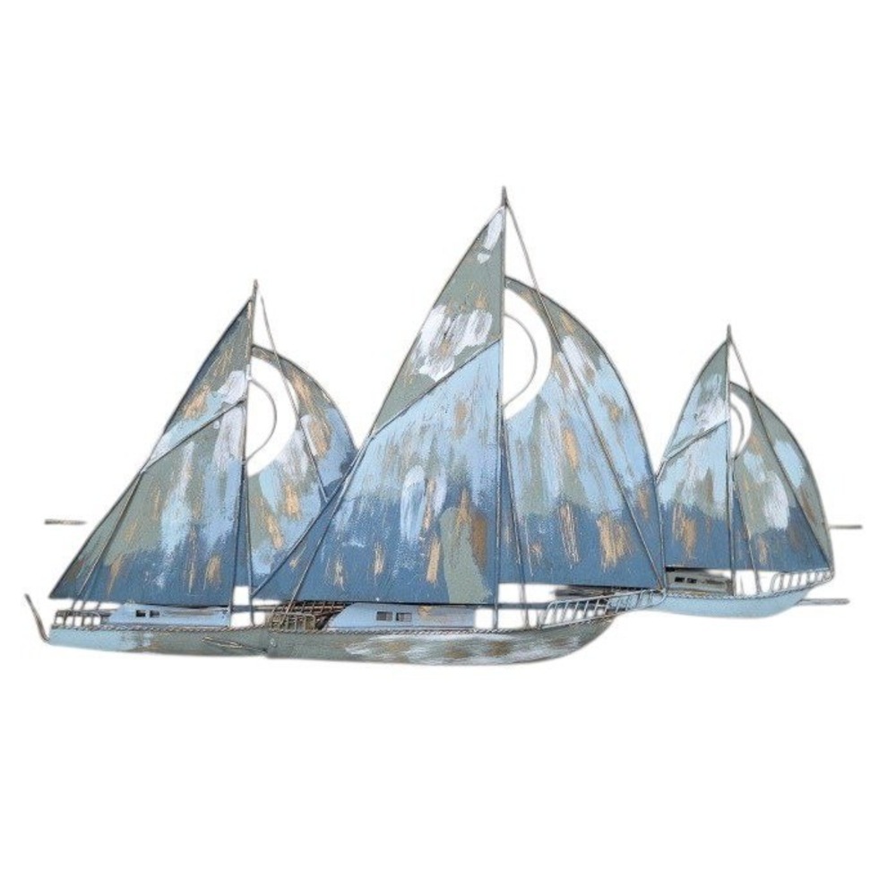 Glitzhome Blue Metal Sailboat Wall Art Nautical Coastal Decor Rustic 32 In